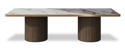 Created by us configuration image showing Calacatta Luxury top, American Walnut base and Brushed Copper metal edge