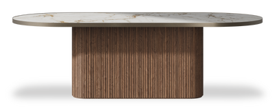 Created by us configuration image showing Calacatta Macchia Vecchia top, American Walnut base and Decorative Bronze metal edge