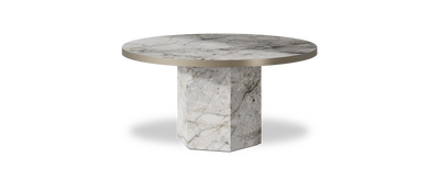 Created by us configuration image showing Laguna Blanca top, Laguna Blanca base and Brushed Bronze metal edge