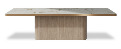 Created by us configuration image showing Calacatta Macchia Vecchia top, Mulberry base and Brushed Copper metal edge