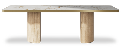 Created by us configuration image showing Calacatta Macchia Vecchia top, Mulberry base and Brushed Gold metal edge