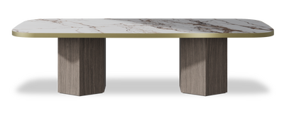 Created by us configuration image showing Calacatta Luxury top, Moro base and Brushed Gold metal edge