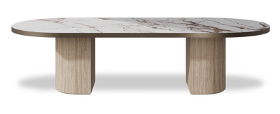 Created by us configuration image showing Calacatta Luxury top, Mulberry base and Decorative Bronze metal edge