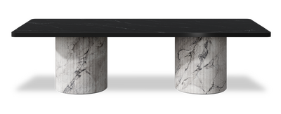Created by us configuration image showing Dark Marquina top, Michelangelo Bianco base and Satin Black metal edge