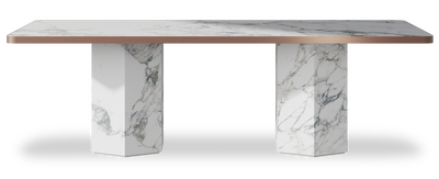 Created by us configuration image showing Arabescato top, Arabescato base and Brushed Bronze metal edge