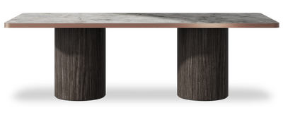 Created by us configuration image showing Laguna Blanca top, Mogano base and Brushed Bronze metal edge