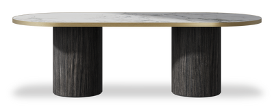 Created by us configuration image showing Arabescato top, Cobolo base and Brushed Gold metal edge