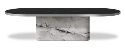 Created by us configuration image showing Dark Marquina top, Michelangelo Bianco base and Brushed Steel metal edge