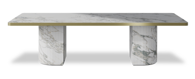 Created by us configuration image showing Arabescato top, Arabescato base and Brushed Gold metal edge