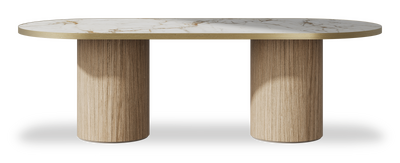Created by us configuration image showing Calacatta Macchia Vecchia top, Mulberry base and Brushed Gold metal edge