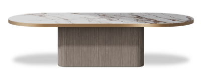 Created by us configuration image showing Calacatta Luxury top, Moro base and Brushed Copper metal edge