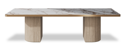 Created by us configuration image showing Calacatta Luxury top, Mulberry base and Brushed Copper metal edge