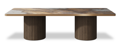 Created by us configuration image showing Golden Ambra top, American Walnut base and Brushed Copper metal edge
