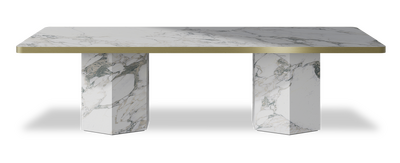 Created by us configuration image showing Arabescato top, Arabescato base and Brushed Gold metal edge