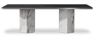 Created by us configuration image showing Dark Marquina top, Michelangelo Bianco base and Brushed Steel metal edge