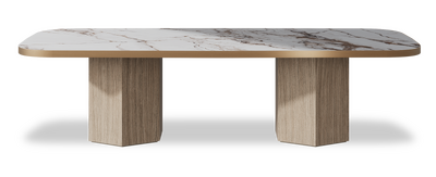Created by us configuration image showing Calacatta Luxury top, Mulberry base and Brushed Copper metal edge