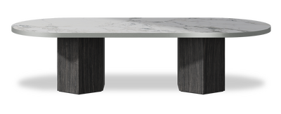 Created by us configuration image showing Arabescato top, Cobolo base and Brushed Steel metal edge