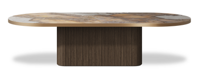 Created by us configuration image showing Golden Ambra top, American Walnut base and Brushed Copper metal edge