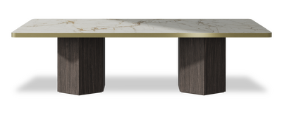 Created by us configuration image showing Calacatta Macchia Vecchia top, Mogano base and Brushed Gold metal edge