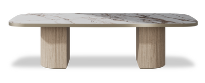 Created by us configuration image showing Calacatta Luxury top, Mulberry base and Brushed Bronze metal edge
