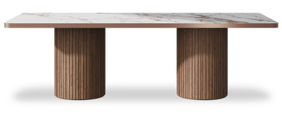 Created by us configuration image showing Calacatta Luxury top, American Walnut base and Brushed Bronze metal edge