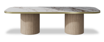 Created by us configuration image showing Calacatta Luxury top, Mulberry base and Brushed Gold metal edge