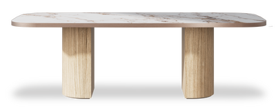 Created by us configuration image showing Calacatta Luxury top, Mulberry base and Brushed Copper metal edge