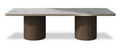 Created by us configuration image showing Arabescato top, American Walnut base and Brushed Bronze metal edge