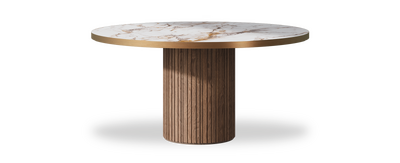 Created by us configuration image showing Calacatta Luxury top, American Walnut base and Brushed Bronze metal edge