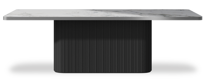Created by us configuration image showing Arabescato top, Jet Black base and Brushed Steel metal edge