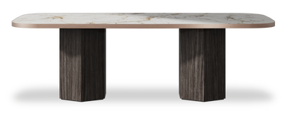 Created by us configuration image showing Calacatta Macchia Vecchia top, Mogano base and Brushed Copper metal edge