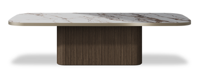 Created by us configuration image showing Calacatta Luxury top, American Walnut base and Brushed Bronze metal edge
