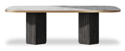 Created by us configuration image showing Arabescato top, Cobolo base and Brushed Bronze metal edge