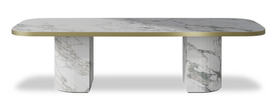 Created by us configuration image showing Arabescato top, Arabescato base and Brushed Gold metal edge
