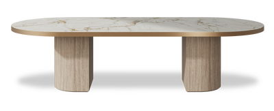 Created by us configuration image showing Calacatta Macchia Vecchia top, Mulberry base and Brushed Copper metal edge