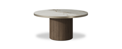 Created by us configuration image showing Calacatta Macchia Vecchia top, American Walnut base and Brushed Bronze metal edge