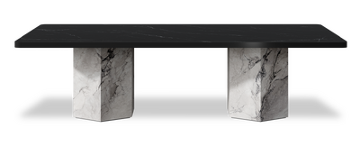 Created by us configuration image showing Dark Marquina top, Michelangelo Bianco base and Satin Black metal edge